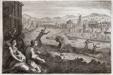 Bibeln från Royaumont, Gamla testamentet: Egyptens barnmorskor. Farao låter israeliternas manliga barn kastas i Nilen. Illustration från 1811.