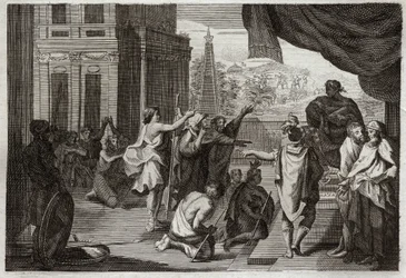 Bibeln från Royaumont, Gamla testamentet: Moses före farao. Mose ber Farao att låta hebréerna gå ut i öknen för att offra till Herren. Illustration från 1811.