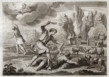 Royaumontbibeln, Gamla testamentet: mordet på Abel. Kain hyser avundsjukt agg mot sin bror Abel, tar med honom ut på landet som om de skulle promenera och dödar honom. Illustration från 1811.
