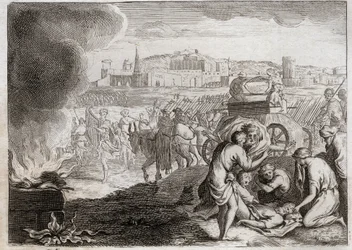 Bibeln från Royaumont, Gamla testamentet: Oza slår med Gud. David vill ta med sig förbundsarken hem. Oza dog, som lade sin hand där för att hindra honom från att falla. Illustration från 1811.