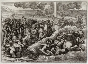 Bibeln från Royaumont, Gamla testamentet: Farao sänker sig i Röda havet. Mose och hebréernas passage av Röda havet, dränkande faraos armé. Illustration från 1811.