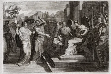 Bibeln från Royaumont, Gamla testamentet: Piete of Josaphat. Josafat, Judas fromaste kung, får alla furstar som finns runt omkring honom att darra och vittnar på olika sätt om sin fromhet mot Gud, vilket gjorde att han segrade över sina fiender. Illustr