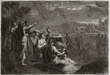 Bible of Royaumont, Gamla testamentet: Förutsägelser om Jerusalem. Gud har gett upp vapen i luften mot Jerusalem, för att föra över henne de ondska som skulle smälta över henne. Illustration från 1811.