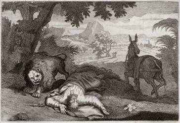 Bibeln från Royaumont, Gamla testamentet: Profeten olydig. En profet, som har tagit Jerobeam från sina ogudaktiga, dödas av ett lejon, eftersom han inte lydde Herren, som hade förbjudit honom att dricka och äta på denna plats. Illustration från 1811.