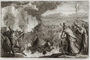 Bibeln från Royaumont, Gamla testamentet: Bestraffning av himmelsk eld. Core (Kore), Datan (Datan, Nathan) och Abriron (Abiram) som mumlar mot Moses och påverkar härskaren Pretrise, förstörs alla levande, och jorden öppnar sig för att sluka dem. Avsnitt av