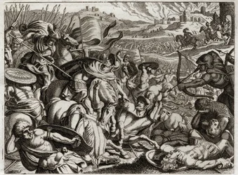 Bibeln från Royaumont, Gamla testamentet: Benjamiternas straff. Benjamins stam utrotas. Illustration från 1811.