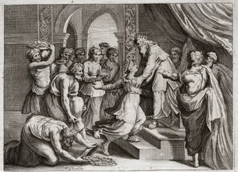 Bibeln från Royaumont, Gamla testamentet: Drottning av Saba. Drottningen av Saba kommer till Salomo för att lyssna på hans visdom och ge honom presenter. Illustration från 1811.