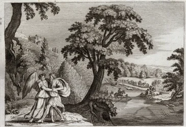 Bibeln från Royaumont, Gamla testamentet: Esaus försoning med Jakob. Jakobs visdom att mjuka upp Esau. Hans kamp med ängeln. Illustration från 1811.