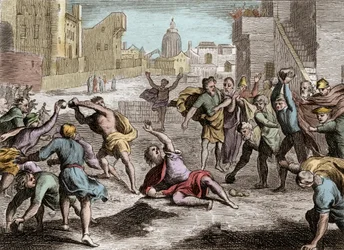 Bibeln från Royaumont, Gamla testamentet: Representation av Rehabeams schism som delade riket av Israel efter Salomos död - hans folk skickar deputerade till Rehabeam hans fis, som, föredrar unga mäns råd framför gamla mäns råd, förlorar kungadömet