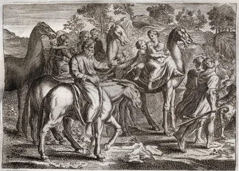 Bibeln från Royaumont, Gamla testamentet: Jakobs återkomst. Jakob återvände till Kanaans land med sina fruar, Rakel och Lea, och sina barn. Illustration från 1811.