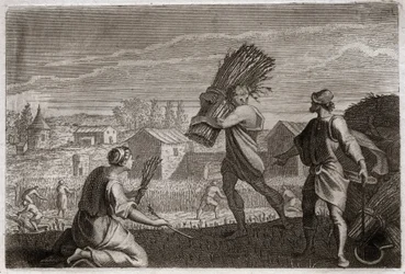 Bibeln om Royaumont, Gamla testamentet: Rut följer sin svärmor Noemi (Naomi, Noemie) i Juda land och skördar Boas (Boas) vetefält. Illustration från 1811.