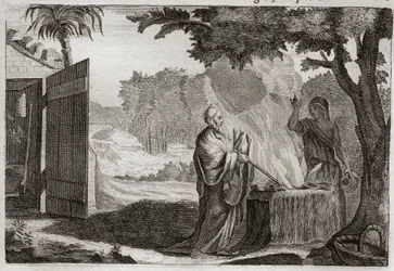 Bibeln från Royaumont, Gamla testamentet: Gedeons offer. Gedeon (Gideon) är kallad av Gud att ta bort judarna från deras fiender. Han frambär ett offer på en sten, från vilken han kommer ut en eld som förtär den. Illustration från 1811.