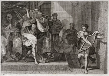 Bibeln från Royaumont, Gamla testamentet: Saul vill döda David. Saul full av vrede och avund mot David, vill sticka hål på hans spjut när han spelade på harpa framför honom. Illustration från 1811.