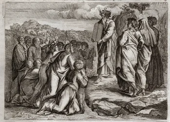 Bibeln från Royaumont, Gamla testamentet: lagens andra tabeller. Gud ger Mose andra bord (tio budord), som folket tar emot med respekt. Illustration från 1811.