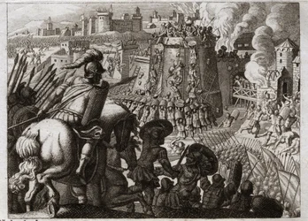 Bibeln från Royaumont, Gamla testamentet: Belägring av Jerusalem. Nebukadnessar II belägrade Jerusalem och intog det och förde all rikedom och alla invånare i den staden till Babylon. Illustration från 1811.