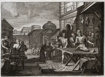 Bibeln från Royaumont, Gamla testamentet: Belägringen av Samaria. Kungen av Syrien belägrade staden Samaria och reducerade den till en fruktansvärd hungersnöd. Illustration från 1811.