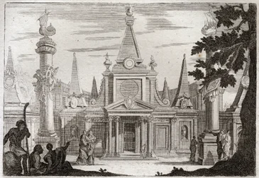 Royaumontbibeln, Gamla testamentet: Simon, överstepräst. Simon Mackabaios (Maccabee, Macabee) efterträder sin bror Jonathas (Jonathan), uppför en storslagen grav åt sin far och sina bröder och dödas genom förräderi. Illustration från 1811.