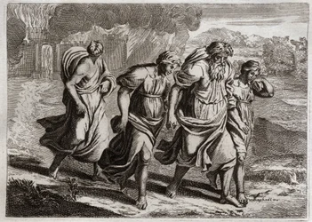 Bibeln från Royaumont, Gamla testamentet: Sodom brulee. Gud retar upp Sodoms avskyvärda brott, bränner upp det med de andra grannstäderna, med ett regn av eld och svavel som han bränner från himlen (Loth, hans döttrar och hans hustru flyr staden). Illustr