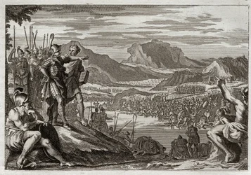 Bible of Royaumont, Gamla testamentet: Soldiers of Gedeon. Gud befaller Gedeon (Gideon) att leda alla sina trupper till Jordanfloden, och ger honom ett märke för att urskilja vilka han skulle använda för att slåss mot midjaniterna. Illustration från 1811.