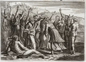 Bibeln från Royaumont, Gamla testamentet: Solomon King. David etablerade Salomo kung vid Betsabees och profeten Natans böner. Illustration från 1811.