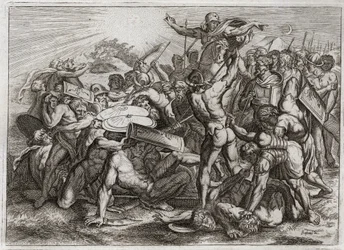 Bible of Royaumont, Gamla testamentet: Sun Stop. Joshua jagar sina amoritiska fiender (amorriter) gör att solen stannar, så att han kan få mer tid att göra ordning på dem. Illustration från 1811.
