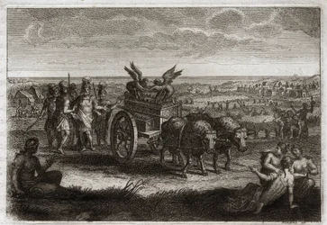 Bible of Royaumont, Gamla testamentet: Arken återvände. Filistéerna skickar tillbaka förbundsarken till Judee för att undvika det onda det orsakade dem varje dag. Illustration från 1811.