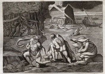 Bibeln från Royaumont, Gamla testamentet: Syndfloden. Syndfloden svämmar över hela jorden. Den enda arken räddar de som var inlåsta i den från denna förlisning. Illustration från 1811.