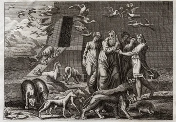 Bibeln från Royaumont, Gamla testamentet: Regnbågen. Noe lämnar arken och erbjuder ett offer till Gud som tar emot det välvilligt. Han lovar att inte sända någon mer syndaflod på jorden. Han ger Regnbågen som ett tecken på sanningen i detta löfte. Illustra