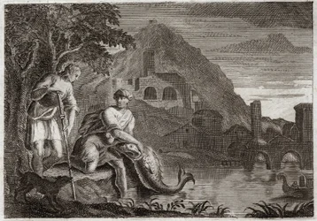 Bibeln från Royaumont, Gamla testamentet: Ängeln vägleder Tobie. Unga Tobie är livrädd av en fisk (mirakulöst) som ville äta honom. Angel Raphael kommer på Guds order för att vägleda honom på en resa han var tvungen att göra. Illustration från 1811.