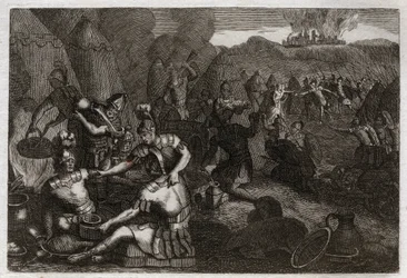 Bible of Royaumont, Gamla testamentet: Thieves of Siceleg. Vissa amalekiter kommer för att plundra Siceleg i Davids frånvaro. Han springer rasande och tappar dem. Illustration från 1811.