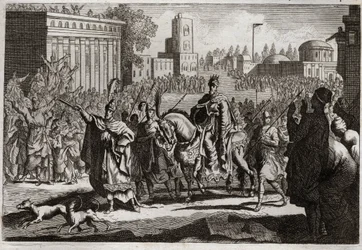 Bibeln från Royaumont, Gamla testamentet: Mardochees triumf. Aman (Haman) tvingas av kungen att publicera sin fiendes triumf Mardochee (eller Mordekhai eller Mordekai) i hela staden Susan (mer känd som Susa). Illustration från 1811.