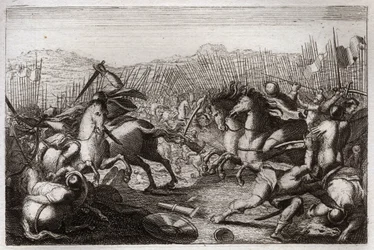 Bibeln från Royaumont, Gamla testamentet: Judas seger. Judas Maccabee (Maccabee, Maccabee) besegrade Apollonius, Seron, Ptolemaios Macron, Gorgias, Nicanor och Lysias i olika strider. Illustration från