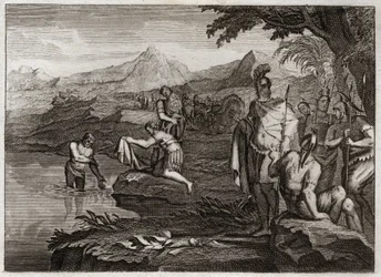Bibeln från Royaumont, Gamla testamentet: Naamans krig. Naaman, general för den syriska kungens armé, kom för att hitta profeten Elise för att bli botad från hans spetälska. Illustration från 1811.