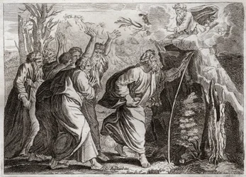 Bibeln från Royaumont, Gamla testamentet: Vatten från klippan. Mose tar fram vatten ur klippan och ger Israels folk att dricka. Illustration från 1811.