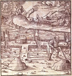 Bitumen skörd. Georg Bauer Agricola” De Re metallica”” bok från 1500-talet. Bibl. från Vetenskapsmuseet, Milano.