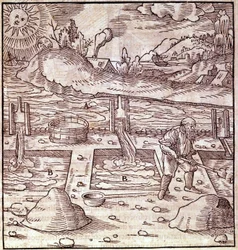 Bitumenåtervinning. Georg Bauer "" Agricola De Re metallica"" bok från 1400-talet. Bibl. från Vetenskapsmuseet, Milano.