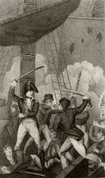 Blackbeard går ombord på Pearl, under befäl av löjtnant Maynard