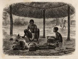 Smedmanganjas (etnisk grupp i Zambeze-regionen). Gravyr för att illustrera Dr. Livingstones första resor till södra Afrika från 1840 till 1856, i "Le tour du monde, nouveau journal des voyages"" publicerad under ledning av Edouard Charton