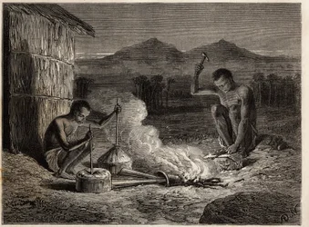 Smeder i Simiango, vid stranden av floden Zambese. Gravyr för att illustrera Dr. Livingstones första resor till södra Afrika från 1840 till 1856, i "Le tour du monde, nouveau journal des voyages"" publicerad under ledning av Edouard Charton