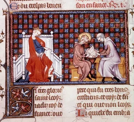 Blanche de Castille, Frankrikes drottning (1188-1252), leder utbildningen av sin son Ludvig IX (1214-1270) (Saint Louis Miniature från ett manuskript "Life and Miracles of Saint Louis" av William of Saint Pathus