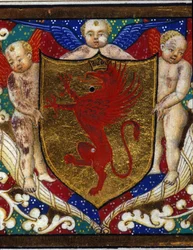 Blazon dekorerar en griffonkrona på guldbakgrund. Detalj av en miniatyr.