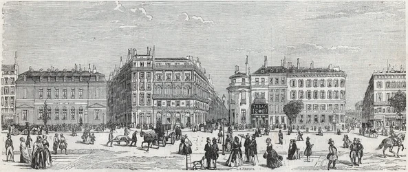 Boulevard des Italians med café de Paris, rue Taitbout, house doree, rue Lafitte, café Riche och rue Lepelletier - Gravyr i "Tableau-de-Paris" av Edmond Texier 1852