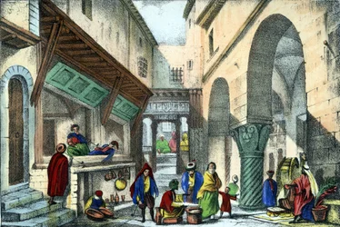 Butiker på en gata i Alger. i "Ancient and modern Algeria"" av Léon Galibert. Italiensk upplaga i 1846 färg.