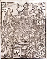 Kunskapsgrenar representerade av Aristoteles (överst till vänster) representerar naturfilosofin, med Seneca som representerar moralfilosofin till höger, kejsaren Justinianus (överst i mitten). Kvinnan i mitten har ett svärd och en blommande gren som kommer