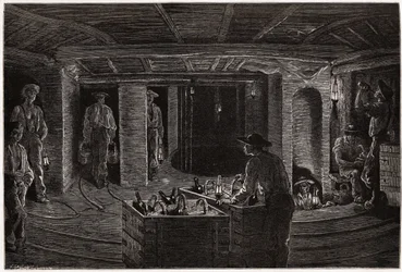 Frukost i gruvan, distribution och konsumtion av korgmåltider till gruvarbetare i kolgruvorna i Creusot. Gravyr för att illustrera en resa till Creusot och gruvorna i Saone och Loire, 1865, av L. Simonin, i "" Le tour du monde, nr.