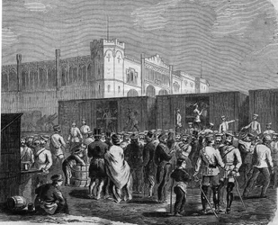 Breslau (eller Wroclaw), kuirassier från det preussiska gardet i kampanjen mot Österrike 1866. Gravyr
