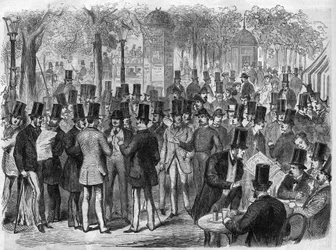 Mäklare nära den lilla Bourse du Boulevard des Italians i Paris, Frankrike. Gravyr i "The Illustrous Universe"