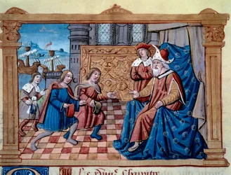 Bröderna Nicolo och Matteo Polo, far och farbror till den unge Marco Polo (1254-1324) togs emot i hovet hos Qubilai (Kubilai Khan, förste kejsare av den mongoliska Yuan-dynastin (1215-1294), mongolisk kejsare 1271. Miniatyr hämtat från "" The B