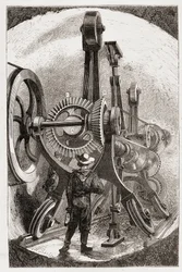 Brunton-maskin för tunnelgrävning i mjuka stenar - i "" The new conquests of science: electricite"" av Louis Figuier, sd