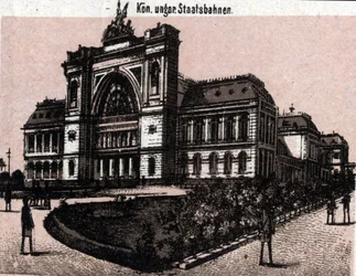 Budapest, Ungern: utsikt över magyar kiralyi allavasutsk (järnvägsstation). i "" Världen illustrerar 168 vyer"" Odaterat (slutet av 1800-talet)